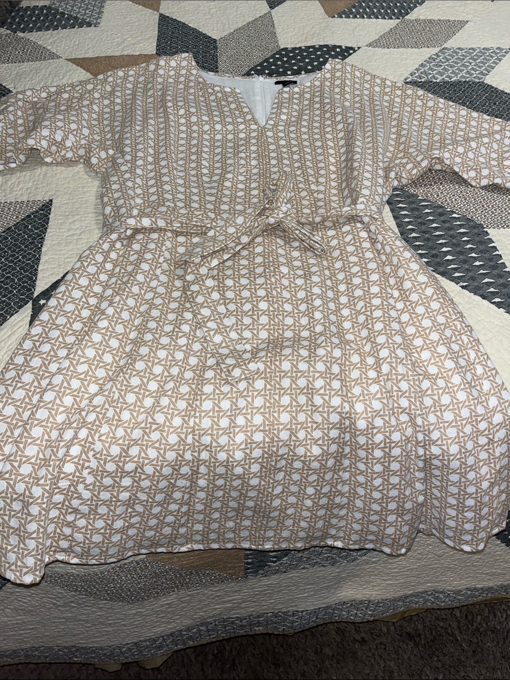 Ann Taylor Cream and Tan Printed Tie-Waist Mini Dress